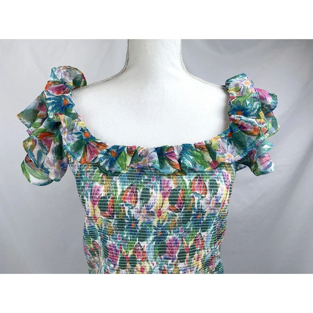 ASTR The Label XL Green Pink Blue Floral Smocked Sleeveless Dress Flutter Sleeve - Picture 2 of 12